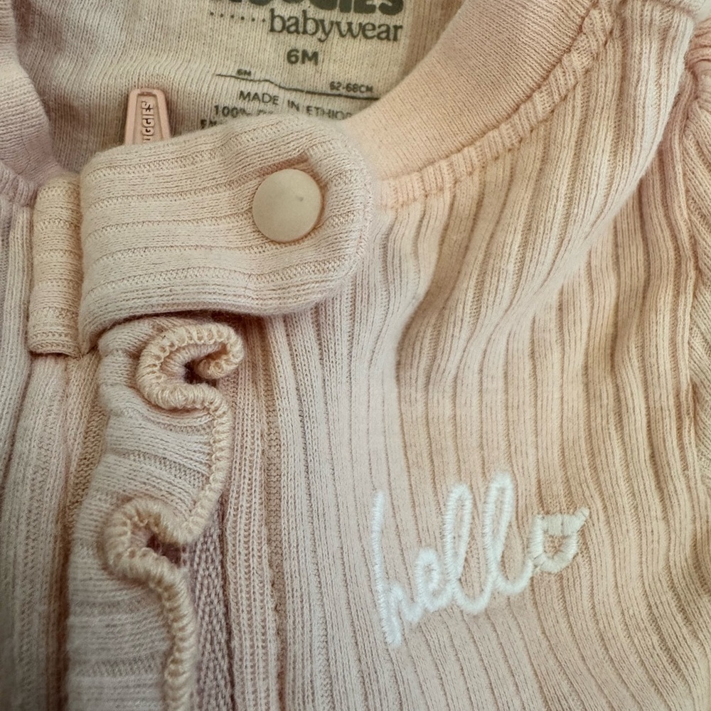 Hello Embroidered Ribbed Ruffle-Trim Ribbed One-Piece Pajama- Pink NWOT - Picture 2 of 4